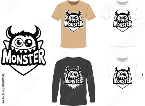 Monster cartoon graphic t-shirt vector design with logo print, kids unisex short and long sleeve apparel mockup illustration
