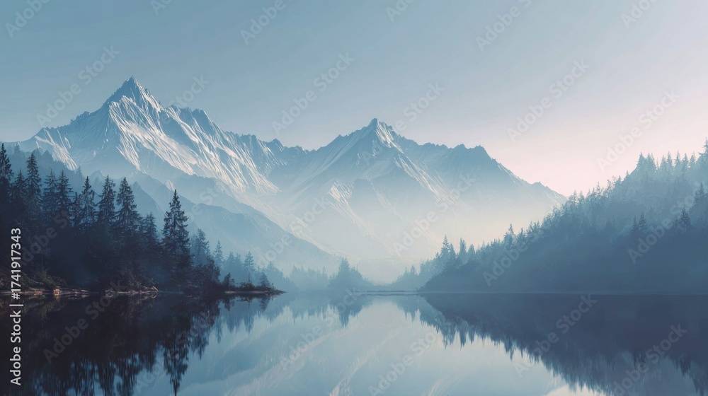 Naklejka premium Blurred scenic mountain background, snow-capped peaks, pine forest, calm lake, soft morning light with dreamy haze, smooth gradient blur, wide open sky with copy space for headline text.
