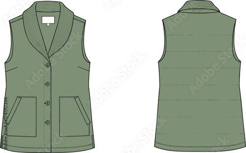 Olive green sleeveless vest fashion flat sketch front and back view, stylish casual outerwear design, detailed clothing technical drawing