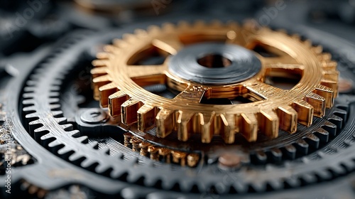 A golden gear turning smoothly in a complex machine symbolizes a profitable business whose internal processes and systems are perfectly aligned to sustain success.