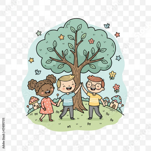 Happy children with a tree, flat design.