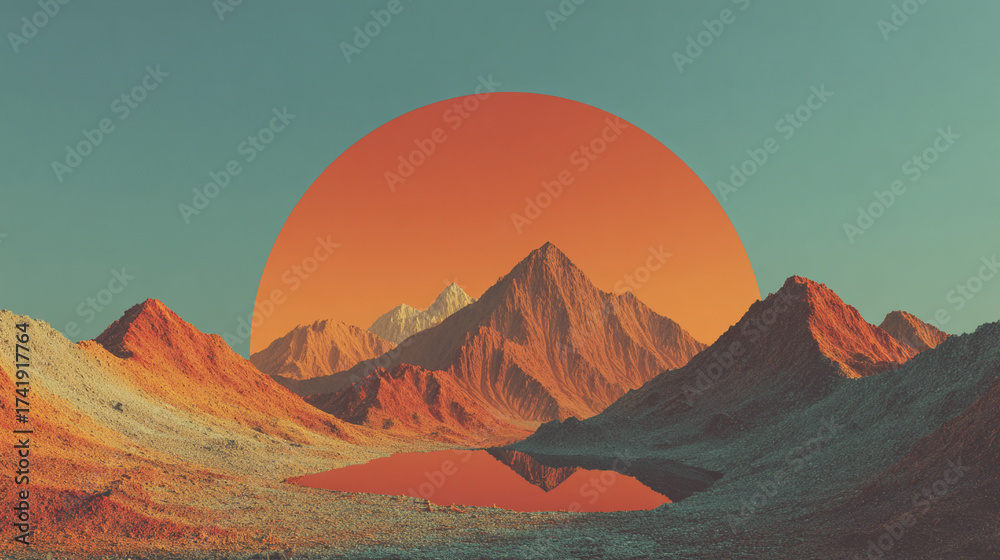 Naklejka premium 3D rendering of a desert landscape with an abstract mirror arch, mountains, and sky gradient, creating an aesthetic geometric scene perfect for digital art and creative visuals. 