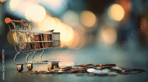 Fototapeta Naklejka Na Ścianę i Meble -  Blurred shopping cart with coins and paper bills background, dreamy blur effect, warm glowing light, wide copy space for promotional text, minimal clean style, perfect for saving money awareness.