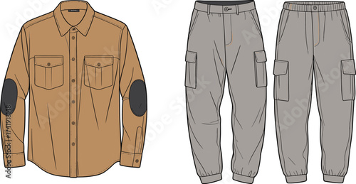 Vector CAD drawing flat of brown shirt with elbow patches and gray cargo pants, unisex casual fashion technical sketch