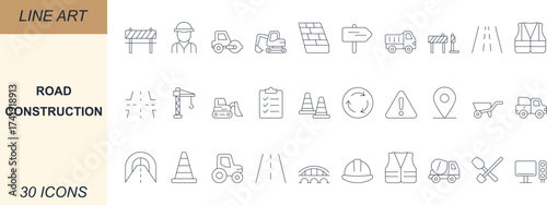 Minimal road construction vector icons with highway, bridge, tunnel, traffic, barrier, worker, bulldozer, excavator, asphalt, and survey. Perfect for apps, web, business, and UI.