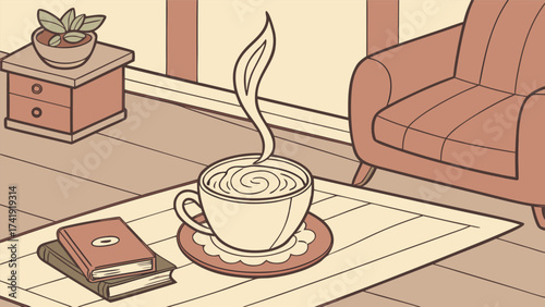Cozy Home Vibes with a Steaming Latte, Minimalist Line Art Illustration for Coffee and Relaxation.