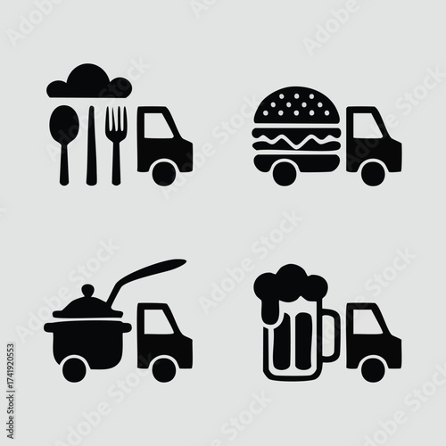 Food Truck Icons Spoon, Fork, Burger, Stew, and Beer on Wheels