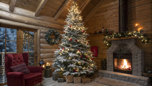 A christmas tree in a log cabin with a fireplace and a red chair near a window with snow outside