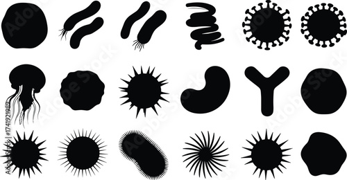 Black silhouettes of diverse microorganisms bacteria viruses protozoa microscopic life forms scientific biology vector icons isolated shapes educational illustration