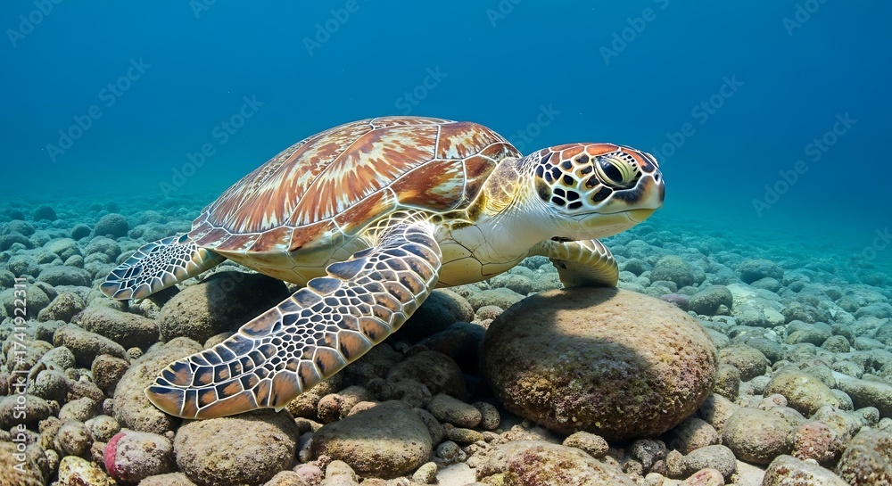 Fototapeta premium Sea Turtle Resting on Rocky Seabed in Clear Blue Tropical Ocean Water