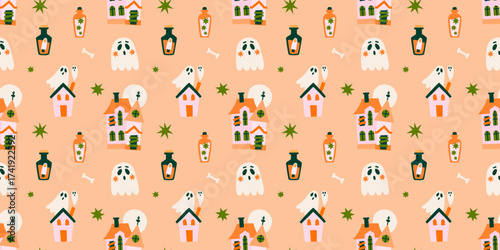 Cute Halloween vector seamless pattern. Fall wrapping paper design with scary house, ghosts, magic potions illustrations