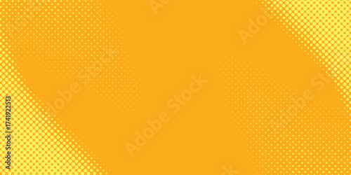 Aesthetic Yellow orange halftone pattern. Retro comic gradient background. Square pixilated dot cartoon texture. Pop art faded gradient pattern. Vector backdrop.Eps 10