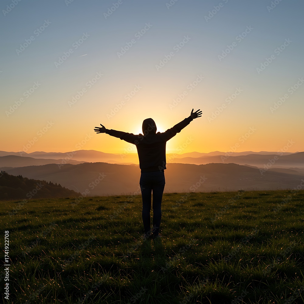 Fototapeta premium Person with Arms Wide Open Enjoying Mountain Sunrise