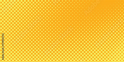 Aesthetic Yellow orange halftone pattern. Retro comic gradient background. Square pixilated dot cartoon texture. Pop art faded gradient pattern. Vector backdrop.Eps 10