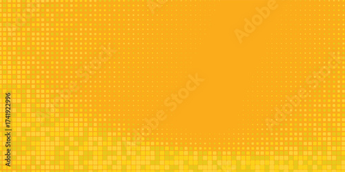 Aesthetic Yellow orange halftone pattern. Retro comic gradient background. Square pixilated dot cartoon texture. Pop art faded gradient pattern. Vector backdrop.Eps 10