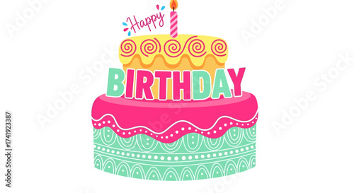 A colorful, layered birthday cake with "Happy Birthday" text and a lit candle on top.