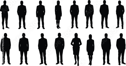 Business silhouette, professional people, corporate team, office worker, male female figure, standing pose, vector illustration, black design, human shape, group