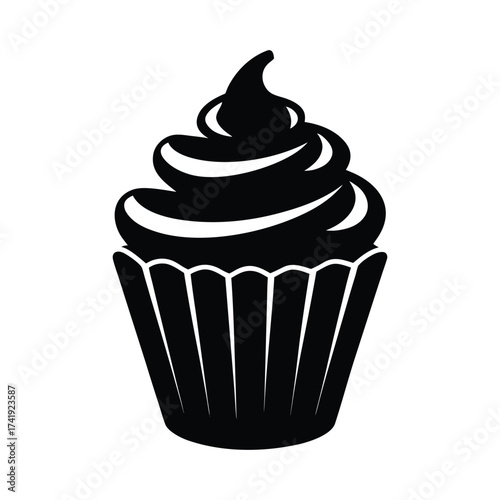 Cupcake or Muffin Icon with Swirl Frosting in Black Silhouette.