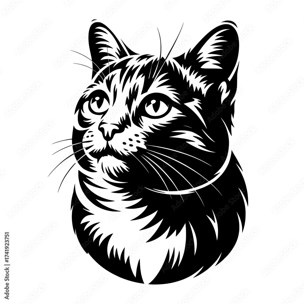 Obraz premium Detailed black and white sketch of a curious domestic cat s face with expressive eyes looking upwards isolated on white background isolated on transparent background