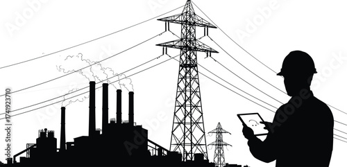 Factory with smokestacks and transmission towers, electricity infrastructure silhouette, power grid system, industrial energy production, voltage distribution network, engineering illustration