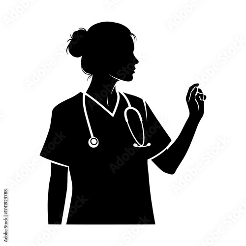 Silhouette of a female medical professional wearing scrubs and a stethoscope looking at her hand isolated on white background isolated on transparent background