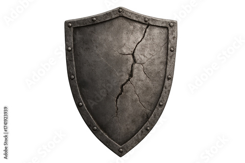 Metal shield cracked from impact on transparent background