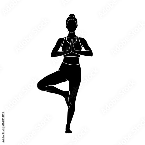 Silhouette of a woman in a yoga tree pose with hands pressed together in prayer position isolated on white background isolated on transparent background
