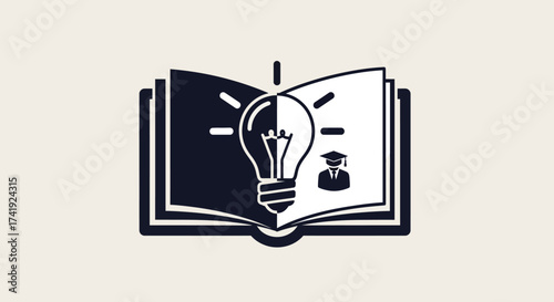 Conceptual illustration of an open book linking a bright idea lightbulb to a graduate, symbolizing the power of knowledge and education