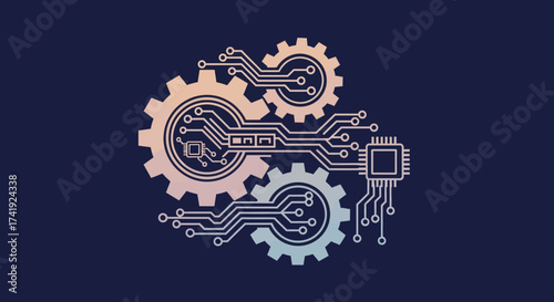 Abstract vector graphic of mechanical gears integrated with a computer chip and circuit pathways, symbolizing automation, innovation, and engineering