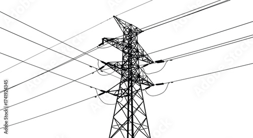 High voltage transmission tower, electricity pylon silhouette, power line infrastructure, voltage grid system, energy distribution network, engineering reference illustration