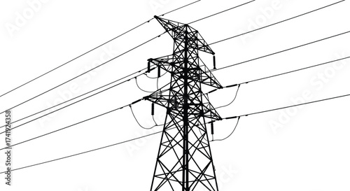 High voltage transmission tower, electricity pylon illustration, power line infrastructure, voltage grid system, energy distribution network, engineering reference design