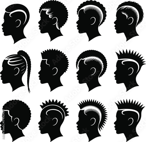 Black hairstyle silhouettes, diverse hair design, afro braids mohawk styles, profile head illustration, creative haircut art, cultural fashion graphic, barber inspiration