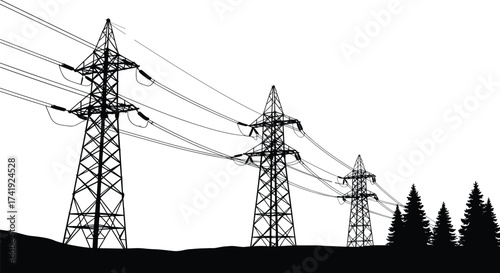 High voltage transmission towers, electricity pylons in forest landscape, power line infrastructure, voltage grid system, energy distribution network, engineering reference illustration