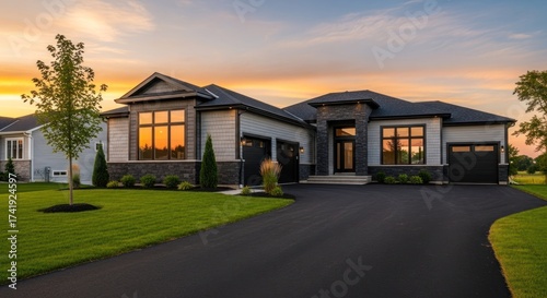 Contemporary single-story house, stone accents, green lawn, paved driveway, sunset