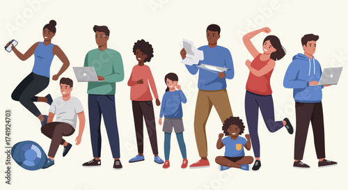 Diverse People Illustrations in Everyday Activities – Flat, Outline, and Semi-Realistic Styles
