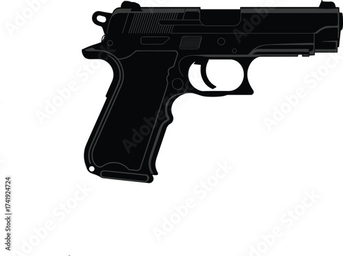 Handgun silhouette, semi-automatic pistol vector, firearm side view, black weapon icon, gun illustration, tactical design, safety education graphic