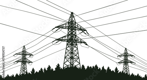 High voltage transmission towers, electricity pylons in forest, power lines silhouette, energy infrastructure, rural grid system, electric distribution network