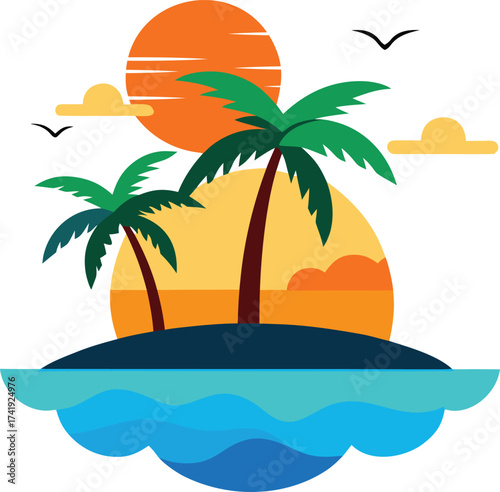 Tropical island paradise scene with palm trees ocean sunset and flying birds scenic vacation