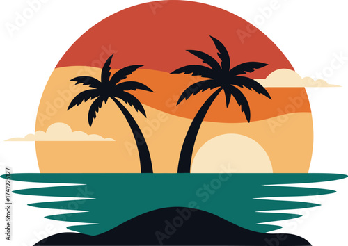Tropical sunset silhouette with palm trees over ocean waves reflecting vibrant sky colors