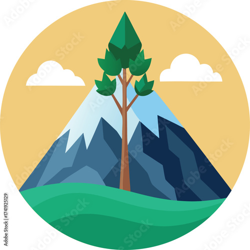 Stylized mountain landscape with a lone pine tree and fluffy clouds under a warm sky