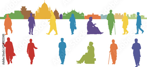 Indian culture, diversity, colorful silhouettes, traditional attire, Taj Mahal, architecture, people 