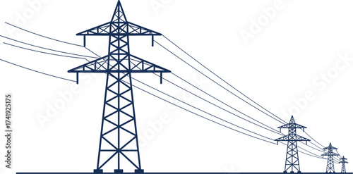 High voltage transmission towers, electricity pylons, power lines, steel lattice structure, energy distribution, rural landscape, perspective view, electrical infrastructure, grid system