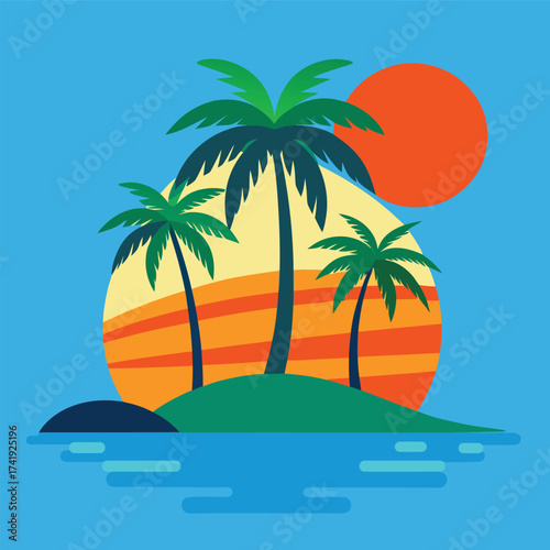 Vibrant tropical island sunset scene with palm trees and ocean waves serene paradise