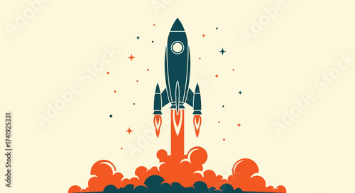 A rocket ship blasting off into space with fiery exhaust, symbolizing a powerful launch and exploration of the unknown frontier