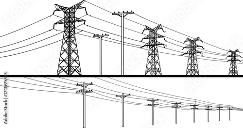 High voltage transmission towers, wooden utility poles, electricity distribution, power grid infrastructure, steel lattice structure, rural energy, overhead lines, electrical network