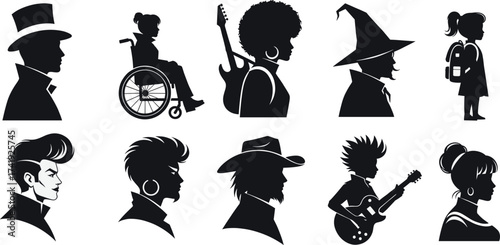 Silhouette, character, diversity, inclusion, profile, portrait, abstract, vintage, modern, musician, witch, 