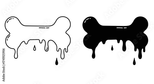 Two bone shapes dripping liquid a white outline and a solid black shape representing a dog treat isolated on white background