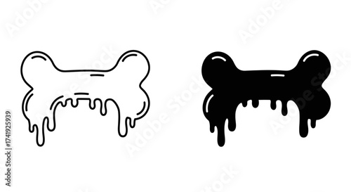 Dripping bone icon set black and white outline symbol for pet food treats or halloween spooky themes isolated on white background