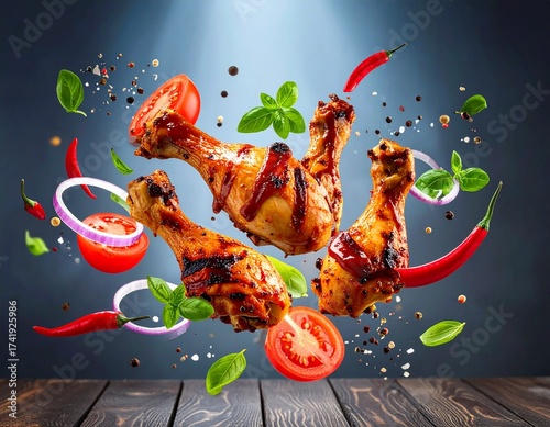Grilled Chicken Drumsticks with Flying Tomatoes, Chili Peppers, and Herbs