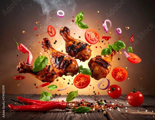 Grilled Chicken Drumsticks with Flying Vegetables and Spices